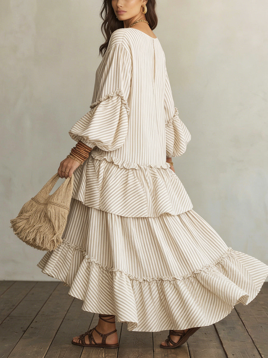 Women’s Boho V Neck Tiered Maxi Dress Linen Blend Bell Sleeve Loose Fit