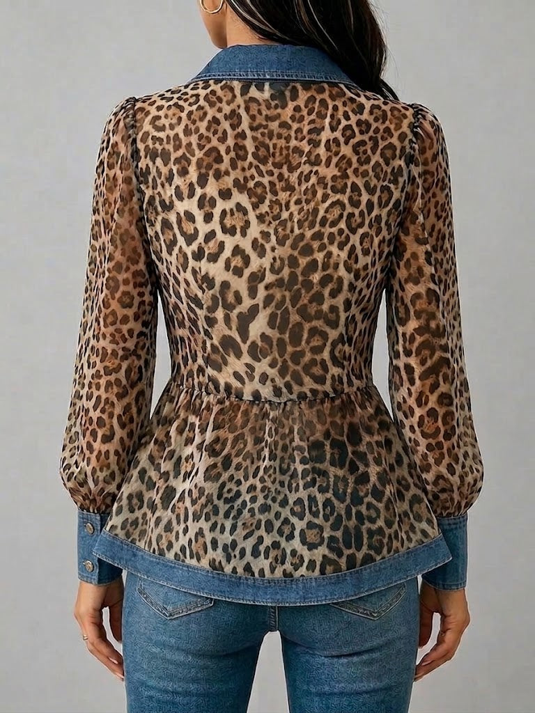 Women's Denim Trim Chiffon Leopard Print Long Sleeve Blouse