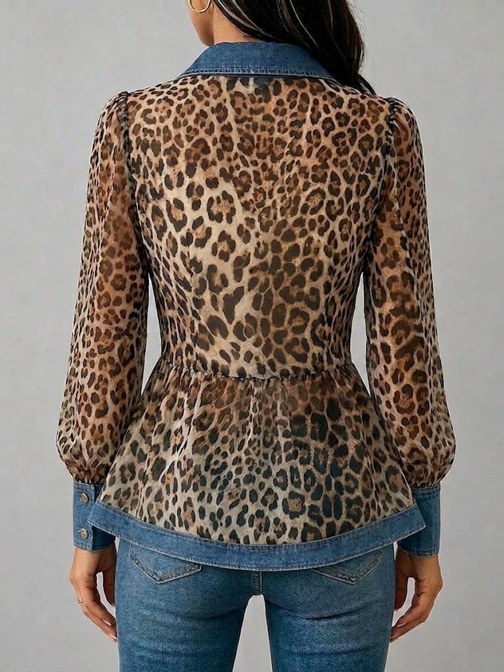 Women's Denim Trim Chiffon Leopard Print Long Sleeve Blouse