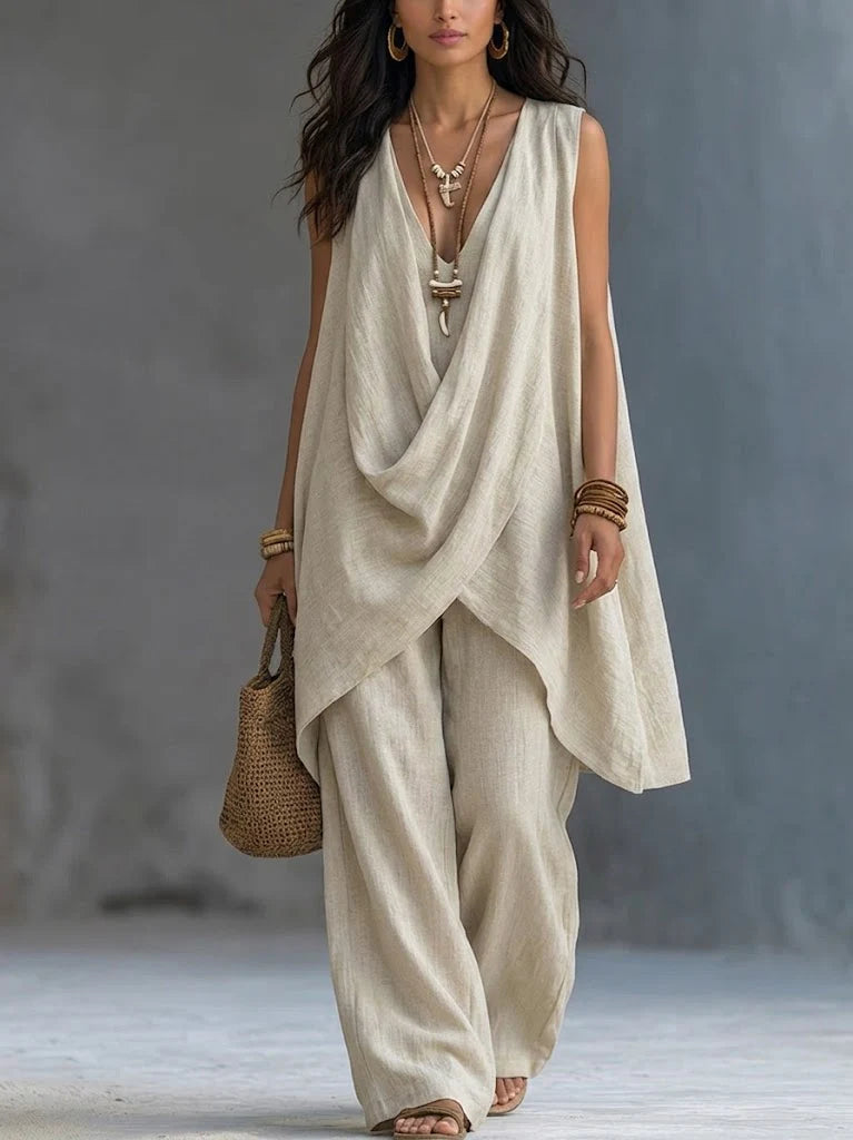 Women's Linen Two Piece Set Sleeveless Drape Top Wide Leg Trousers