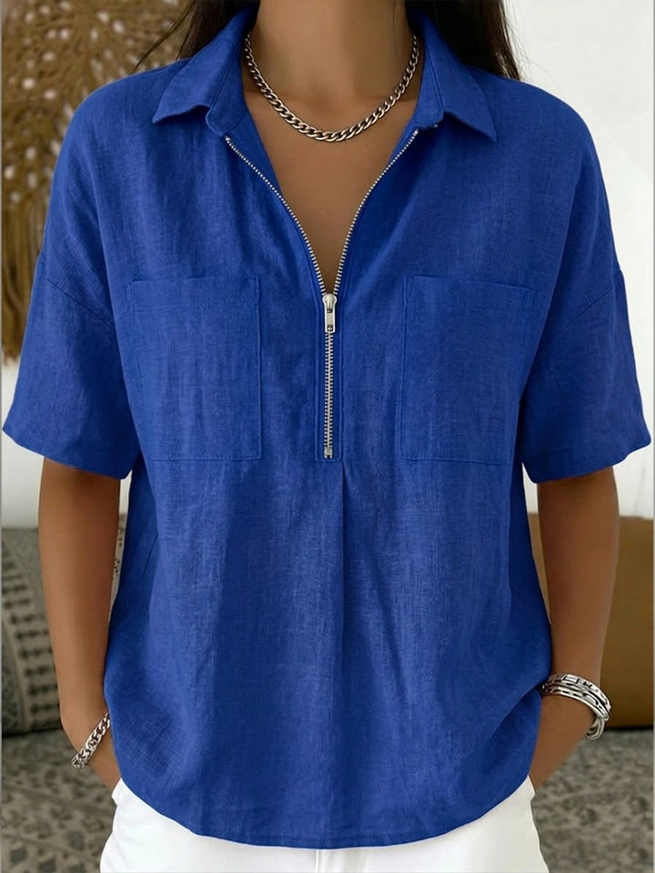 Women's Linen Blend Half-Zip Short Sleeve Blouse