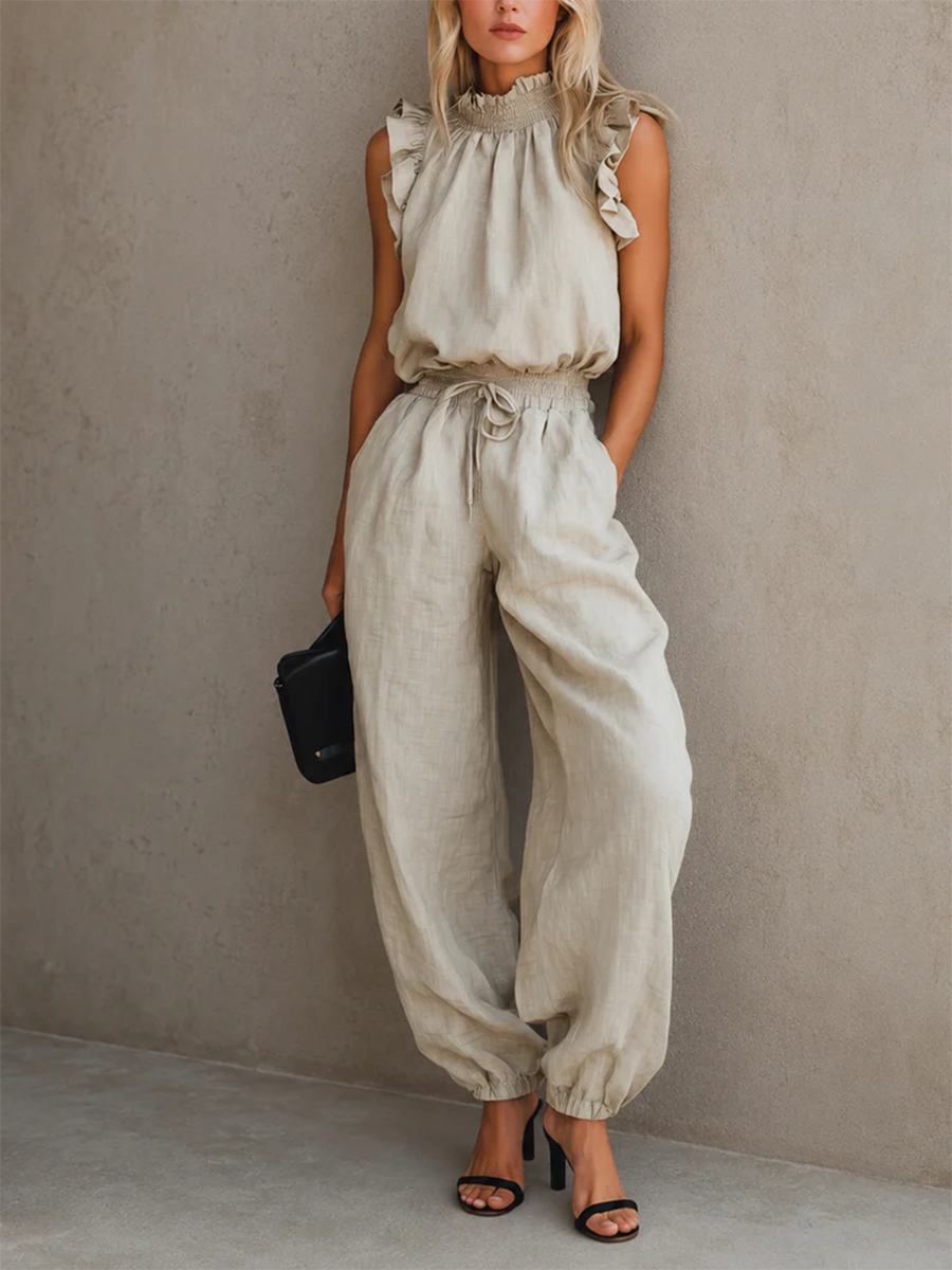 Women's Linen Mock Neck Top and Trousers Two-Piece Matching Set