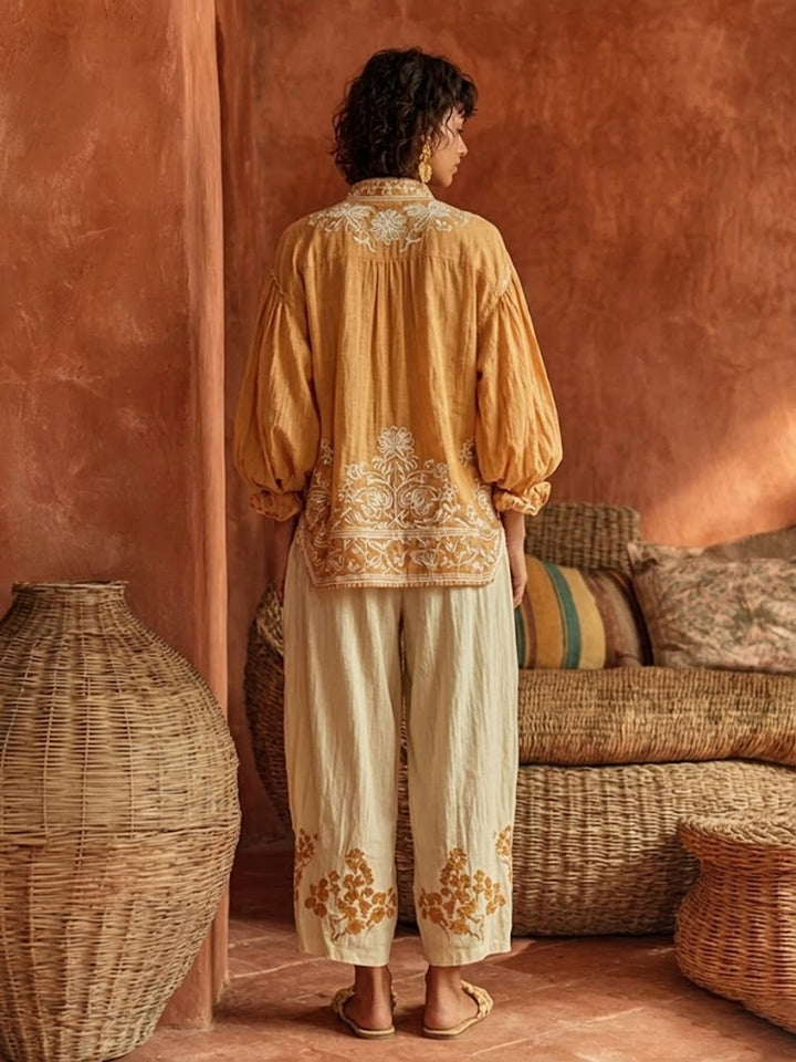 Women's Floral Print Wide Leg Linen Two-Piece Set