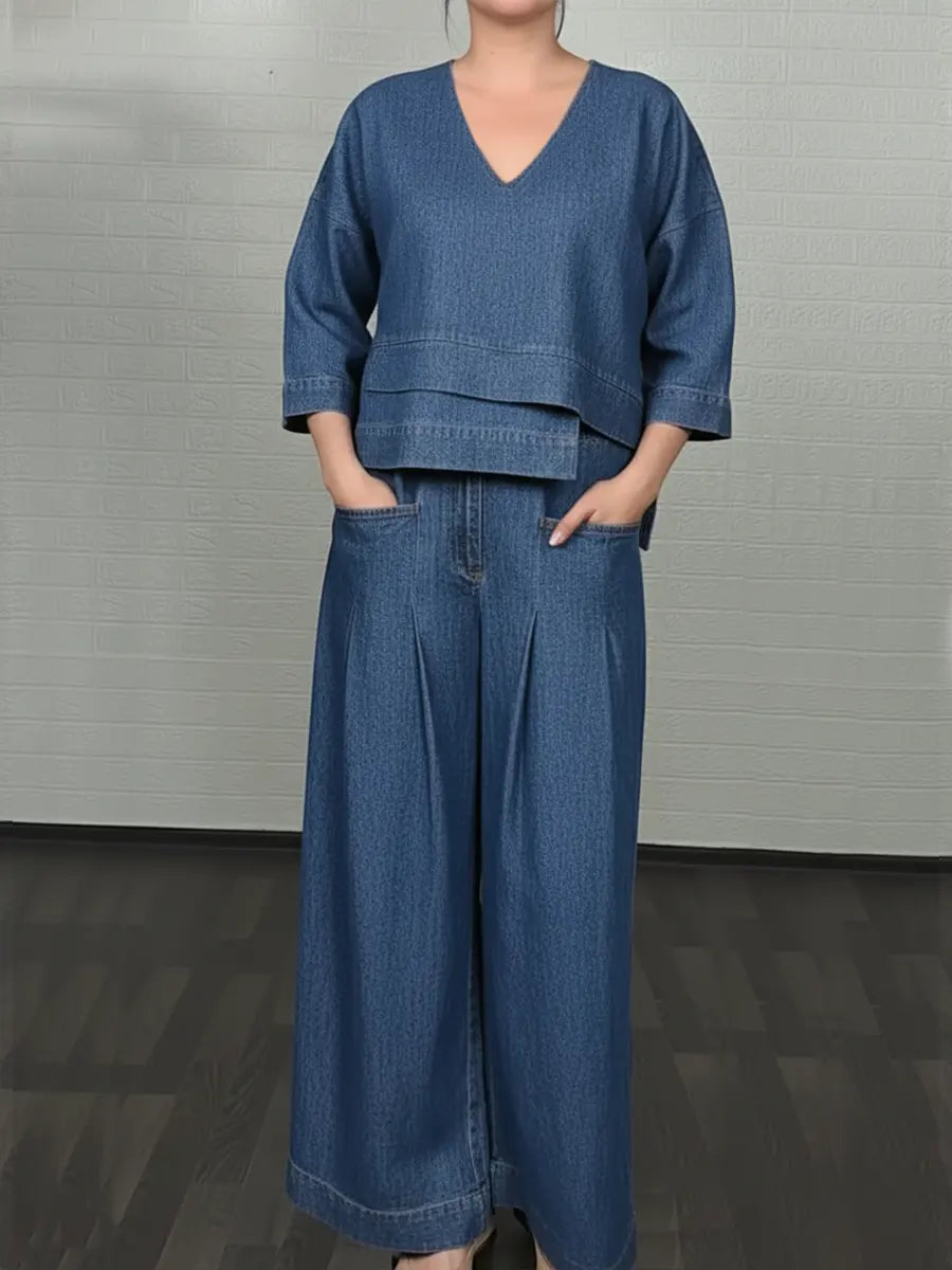 Women's Linen V-Neck Top and Wide Leg Trouser Set