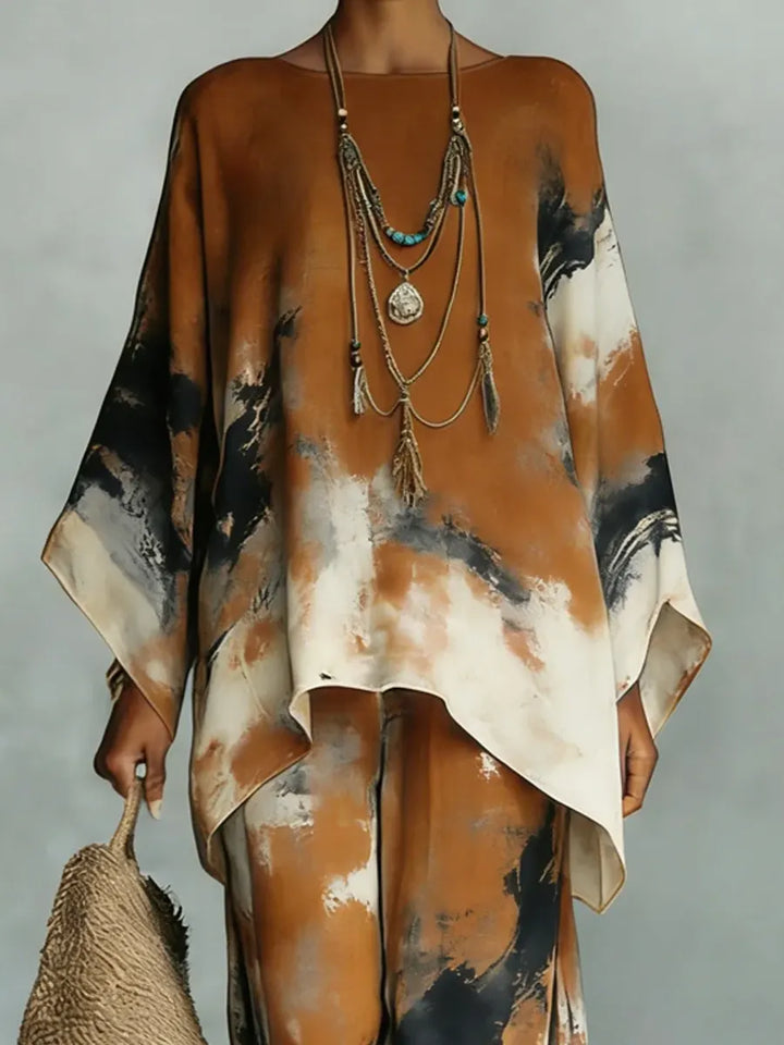 Women's Linen Two Piece Set Tie Dye Wide Leg Trousers and Oversized Top