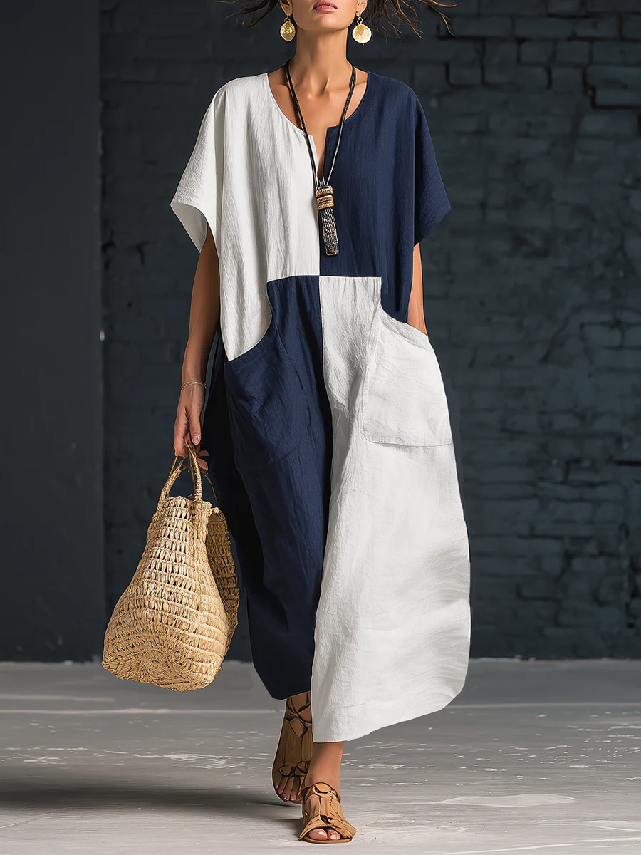 Women's V-Neck Color-Block Loose Fit Linen Maxi Dress