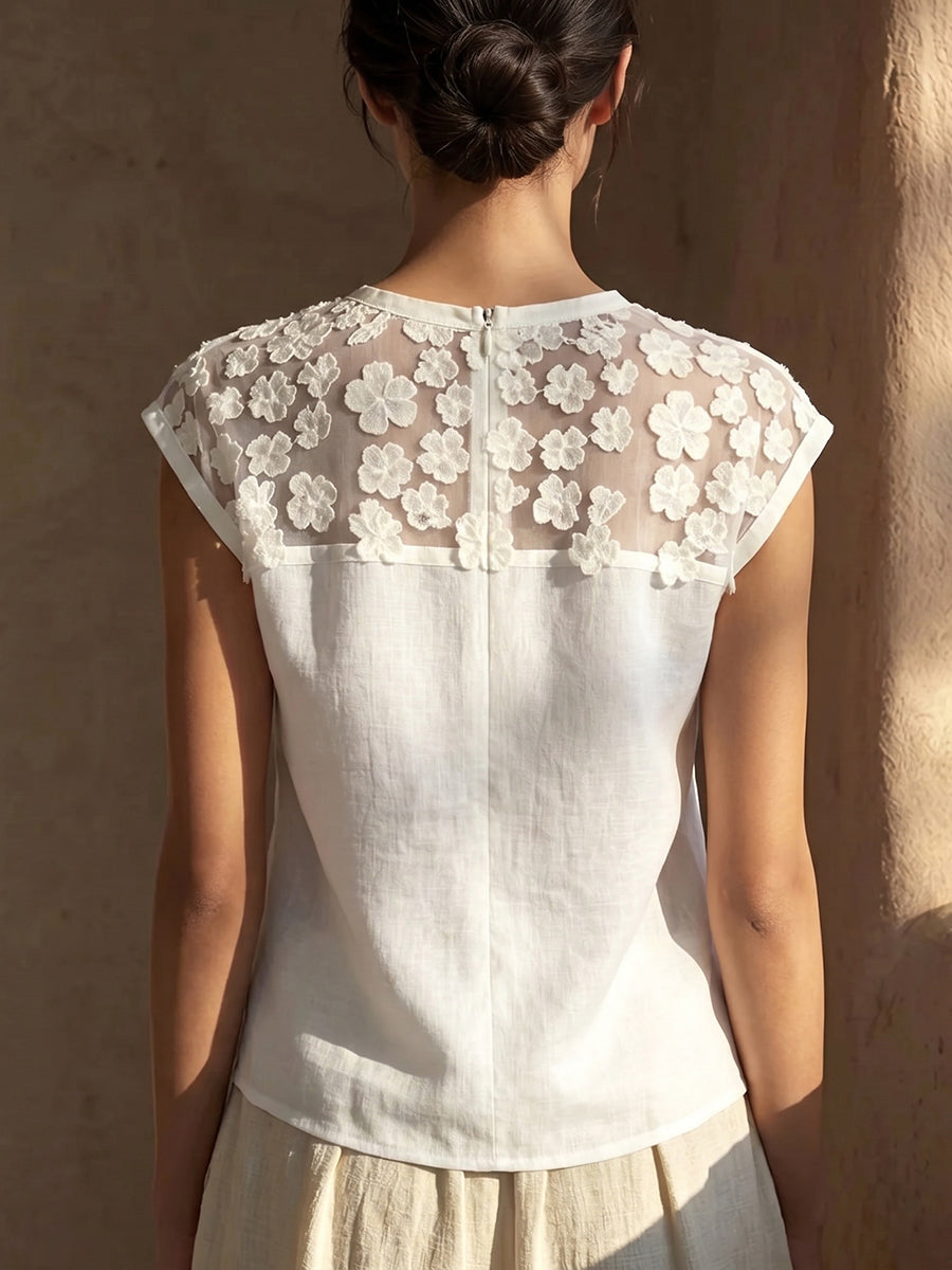 Women's Linen Blouse Flower Mesh Patchwork Short Sleeve Top