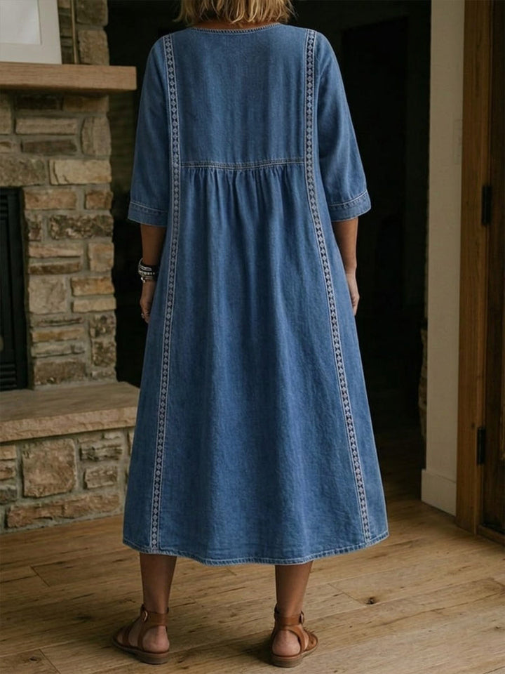 Women's Linen V-Neck Casual Loose Fit Midi Dress