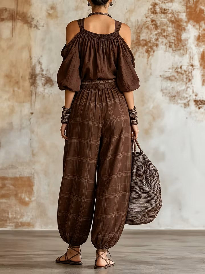 Women's Linen Off-the-Shoulder Top & Plaid Harem Style Two Piece Set
