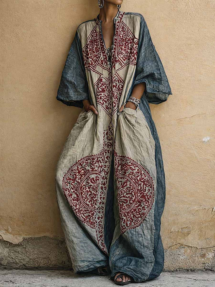 Női lenvászon etnikai boho, laza, bő szárú kantáros overall