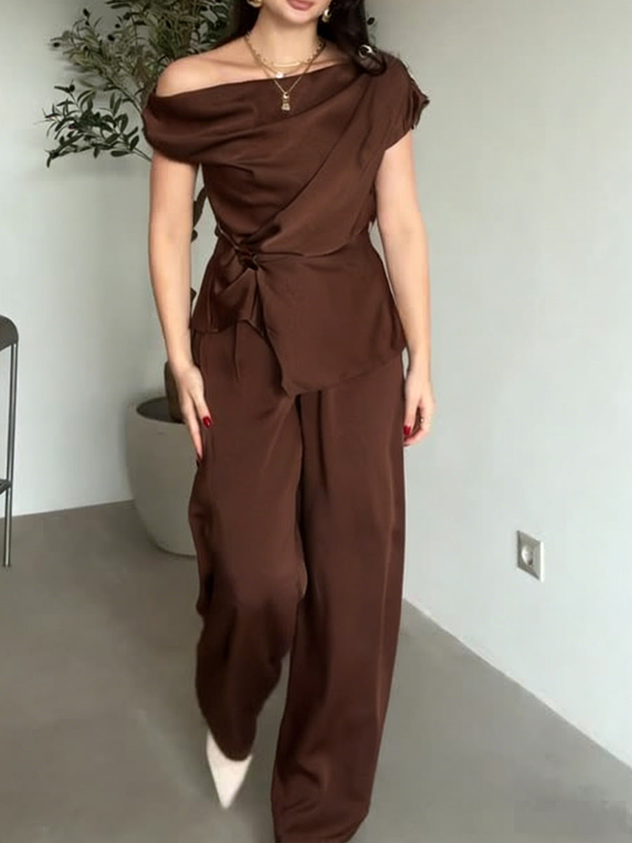 Women's Satin Two Piece Set Off-the-Shoulder Top & Wide Leg Pants