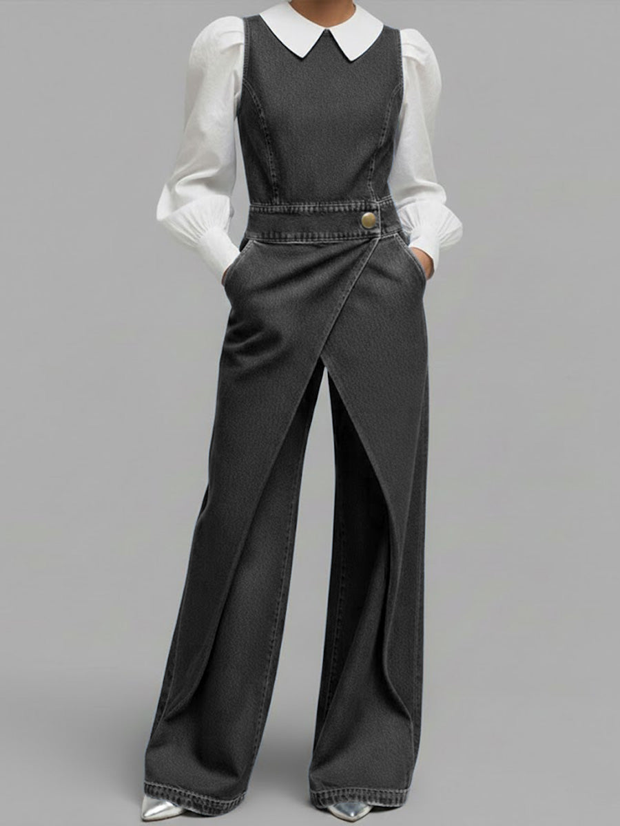 Women's Denim Wide Leg Jumpsuit Sleeveless Romper One Piece Outfit