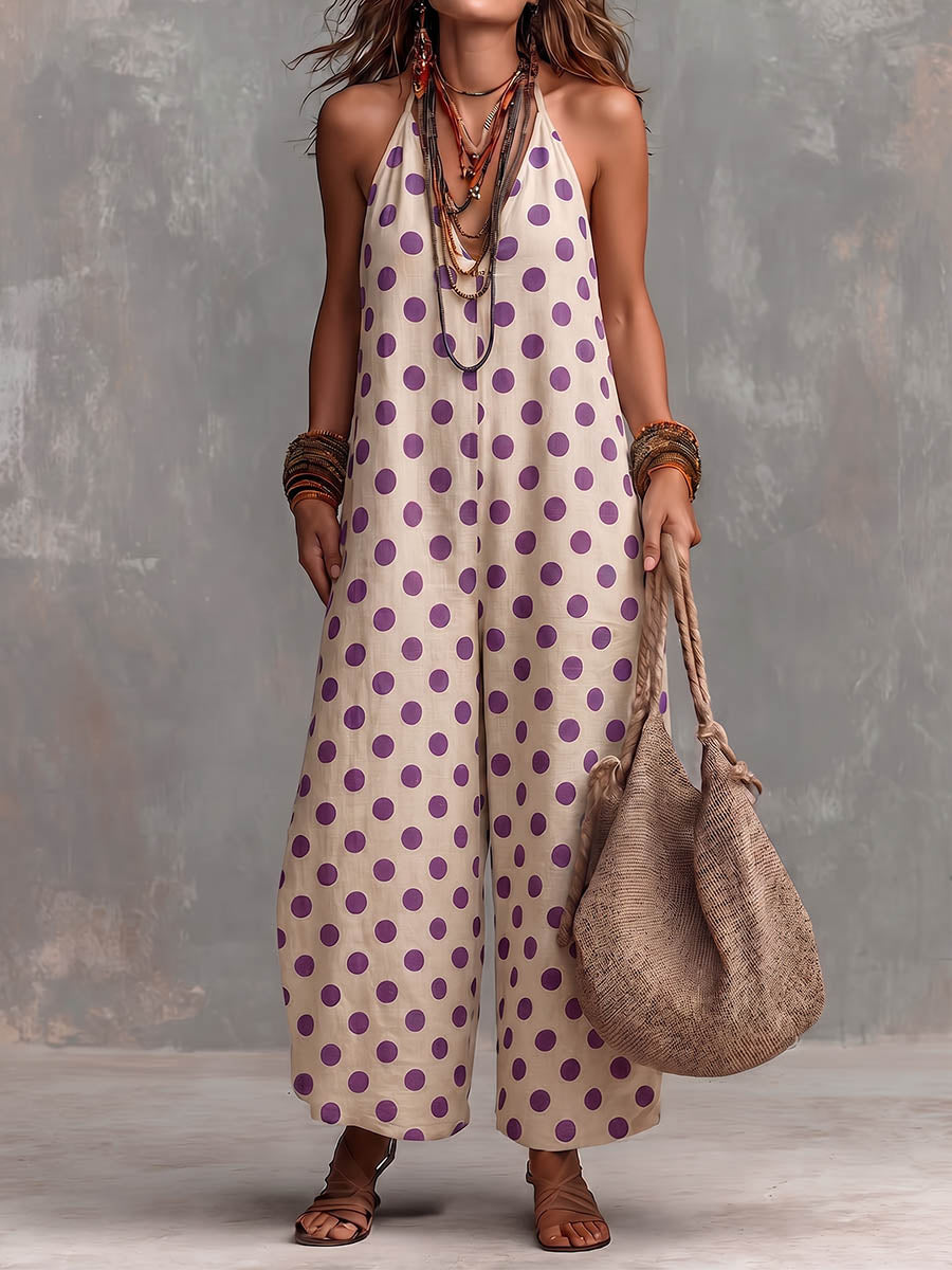 Women's Polka-Dot Halter Neck Linen Wide-Leg Jumpsuit