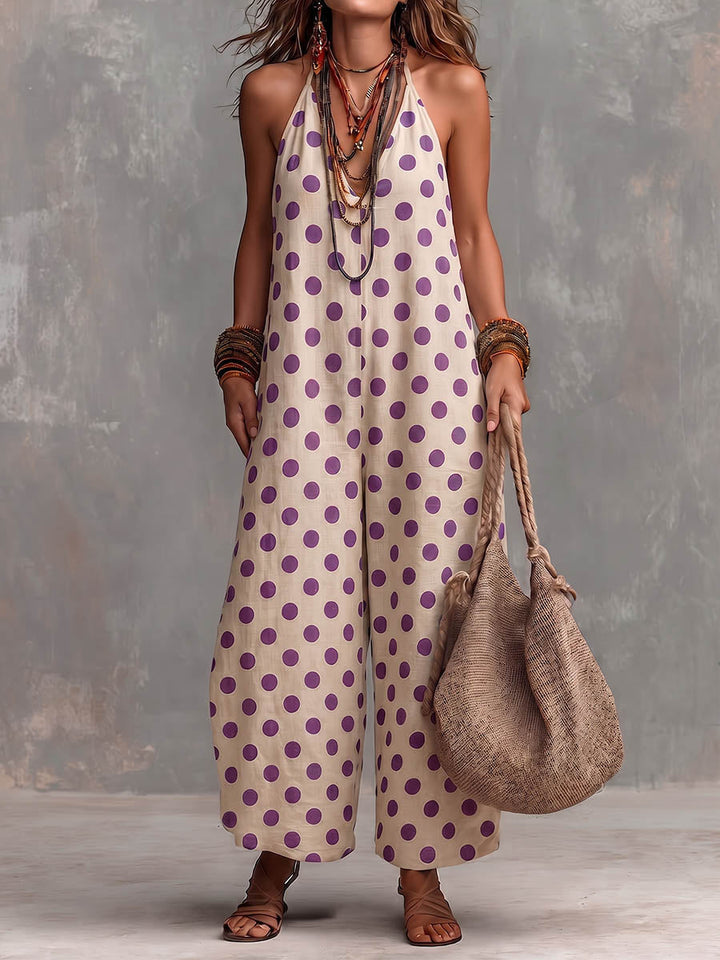 Women's Polka-Dot Halter Neck Linen Wide-Leg Jumpsuit