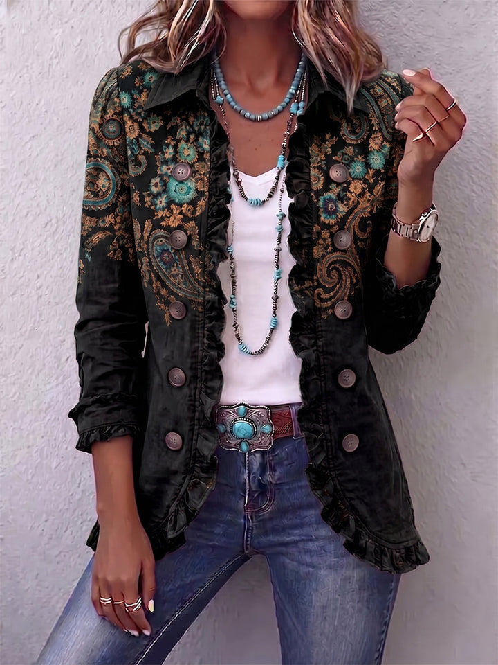 Women's Linen Blend Boho Embroidered Ruffle Shirt Jacket