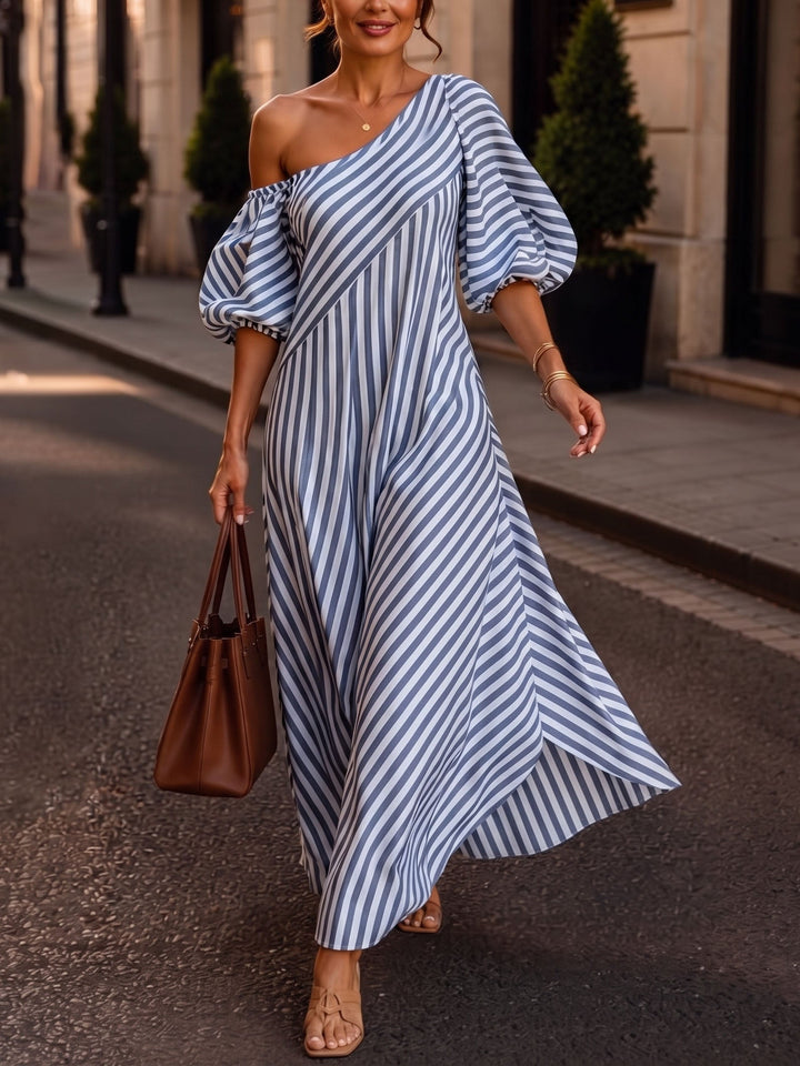 Women's One Shoulder Striped Knit Maxi Dress Puff Sleeve