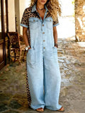 Women's Leopard Print Denim Short Sleeve Wide-Leg Jumpsuit