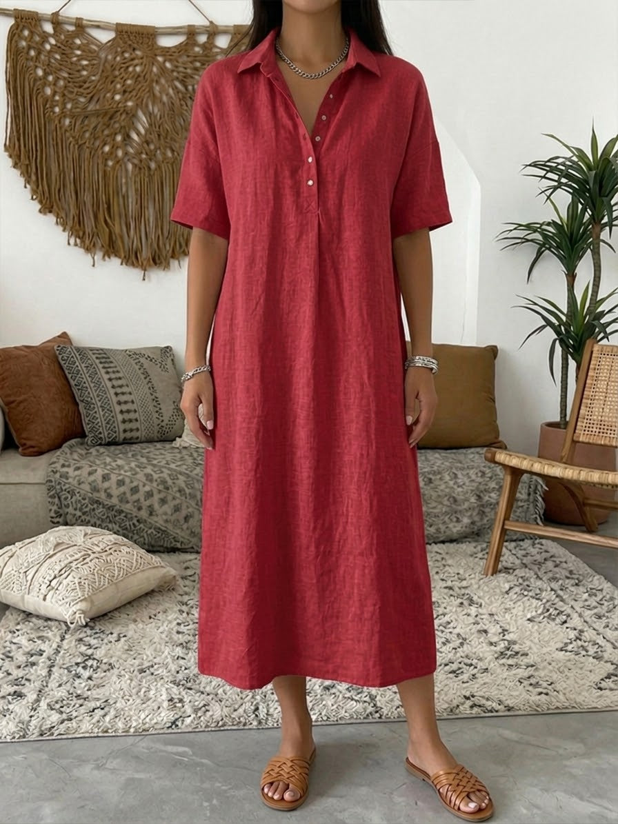 Women's Linen Collared Button Maxi Shirt Dress