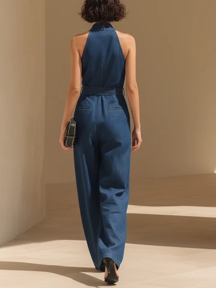 Women's Denim Halter Neck Jumpsuit Wide Leg Romper