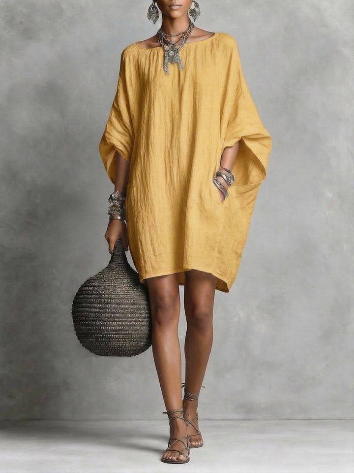 Women's Linen Off Shoulder Batwing Sleeve Tunic Mini Shift Dress