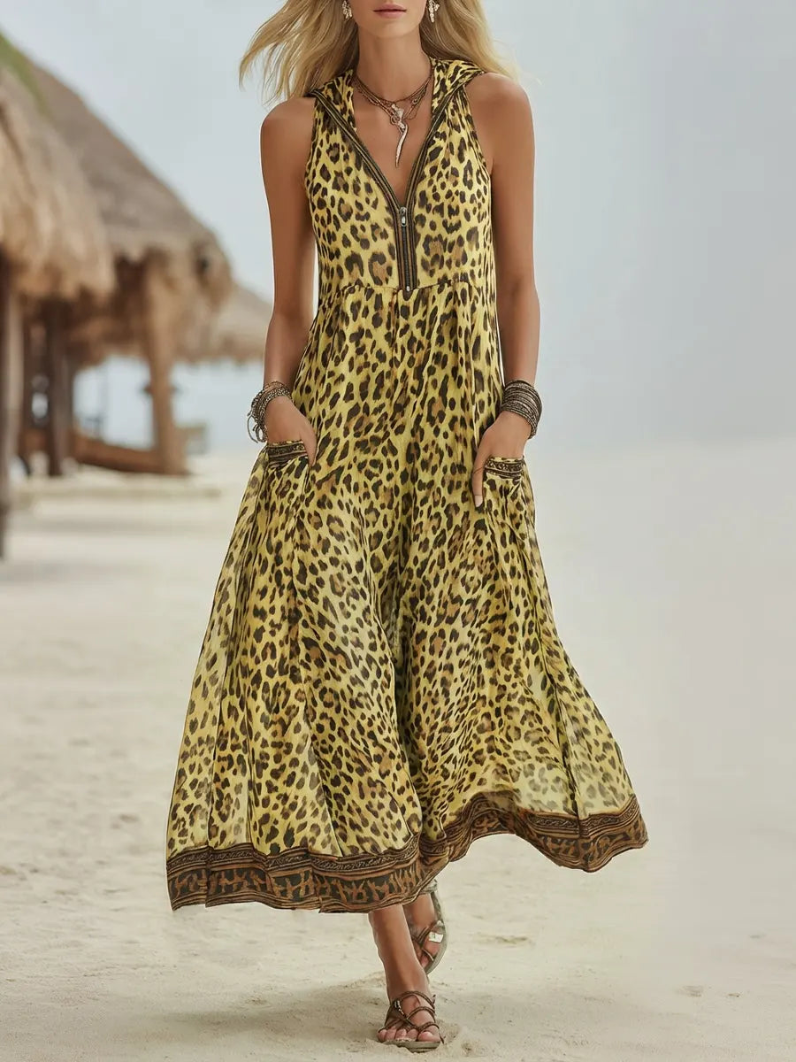 Women's Chiffon Leopard Print Sleeveless V-Neck Maxi Dress