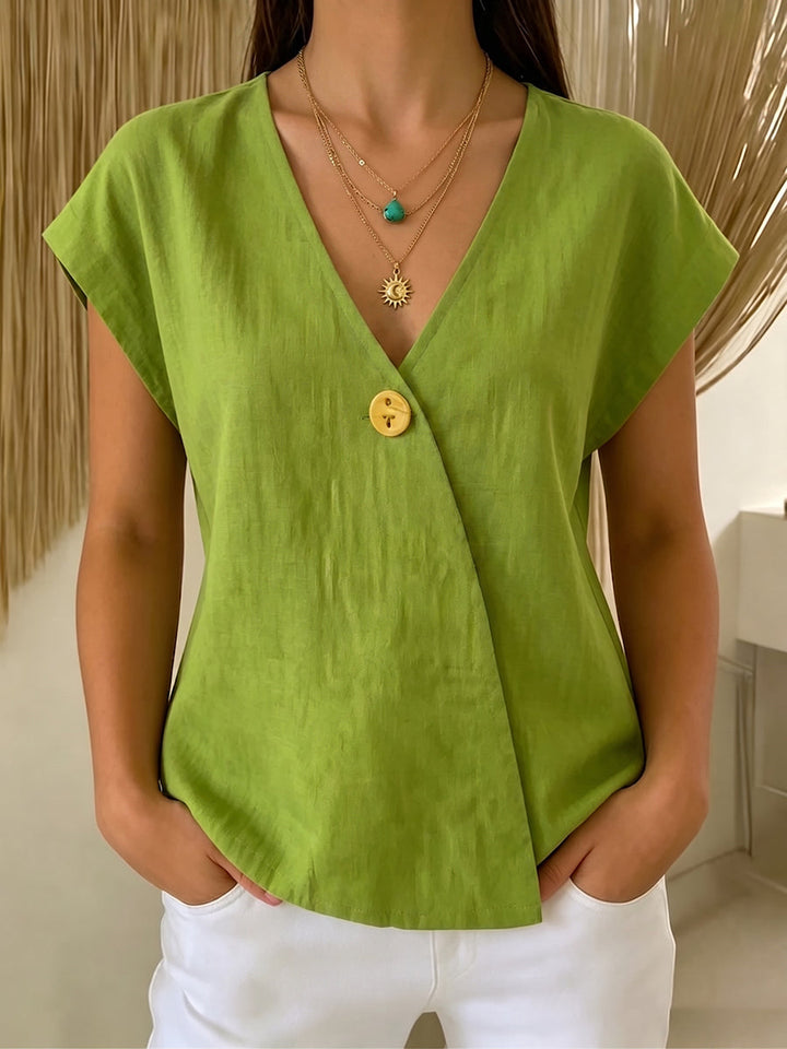 Women's V-Neck Linen Blouse Short Sleeve Wrap Top