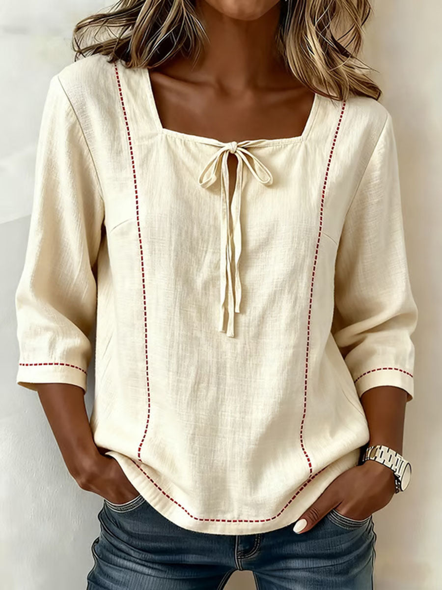 Women's Linen Blend Square Neck 3/4-Sleeve Blouse