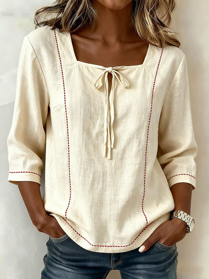 Women's Linen Blend Square Neck 3/4-Sleeve Blouse