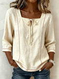 Women's Linen Blend Square Neck 3/4-Sleeve Blouse