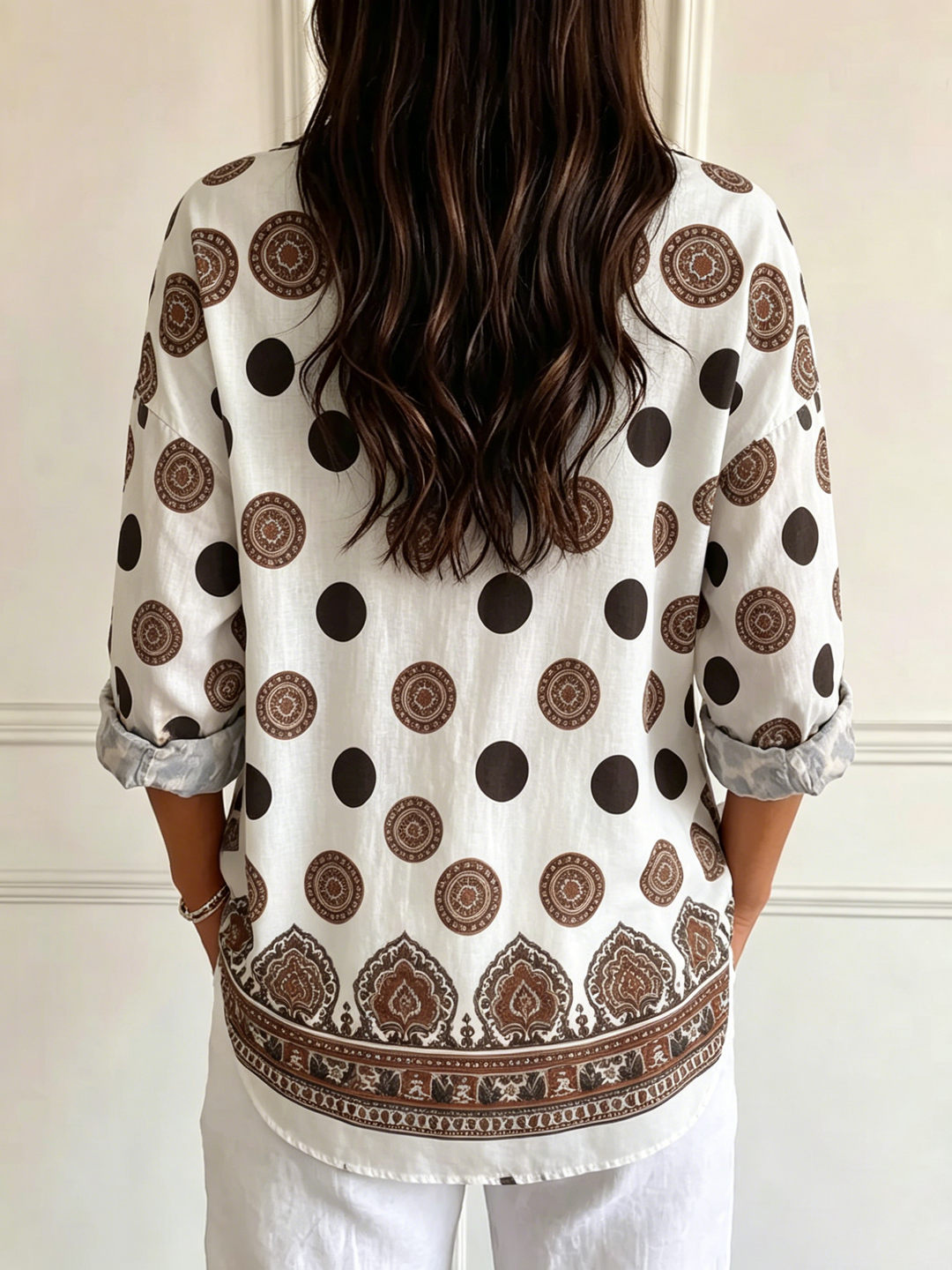 Women's Polka-Dot Print Button Down Long Sleeve Linen Blouse
