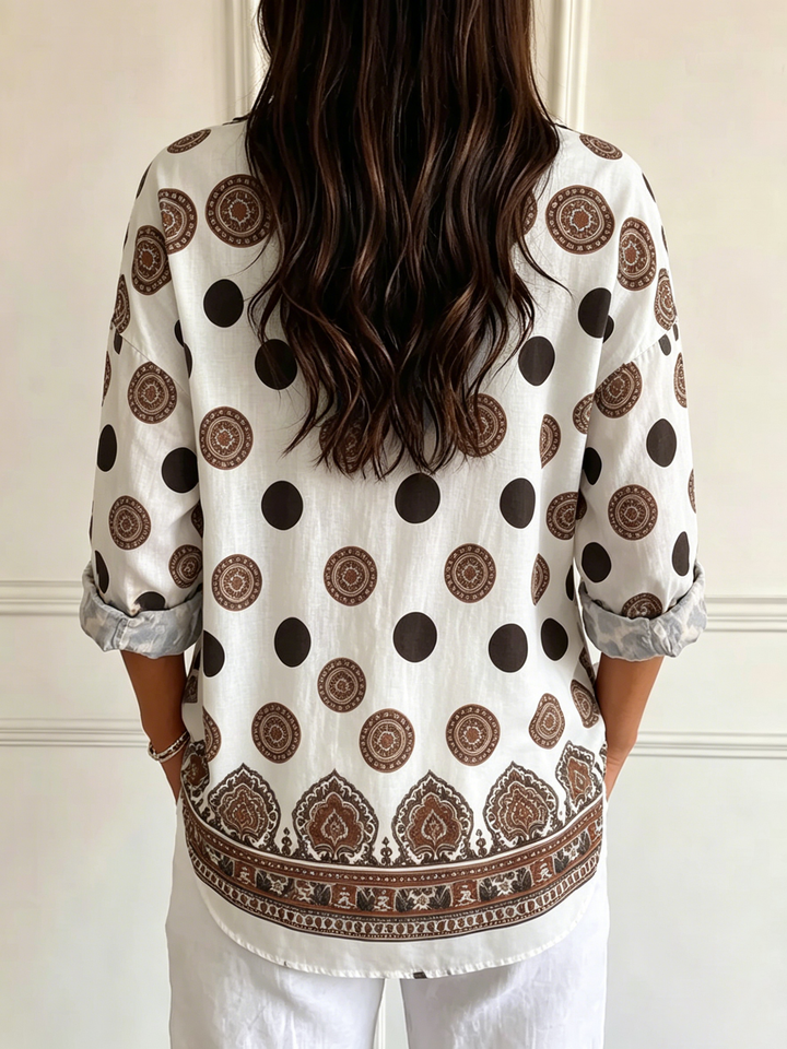 Women's Polka-Dot Print Button Down Long Sleeve Linen Blouse