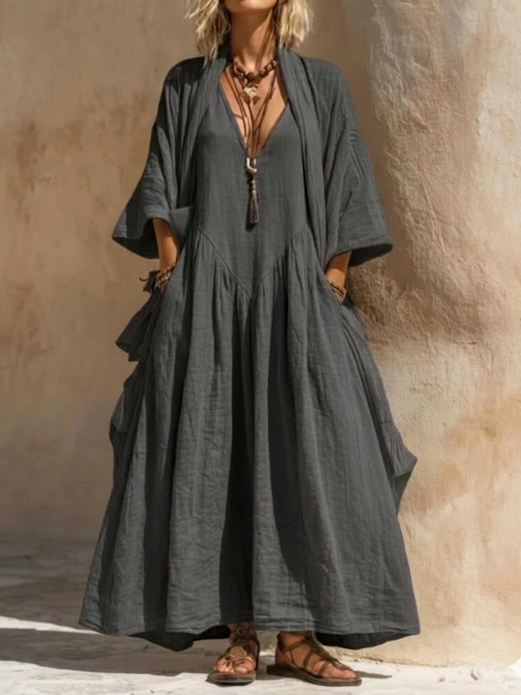 Women's Maxi Dress Linen Boho Kaftan Long Sleeve Gown Loose Fit Casual Gown
