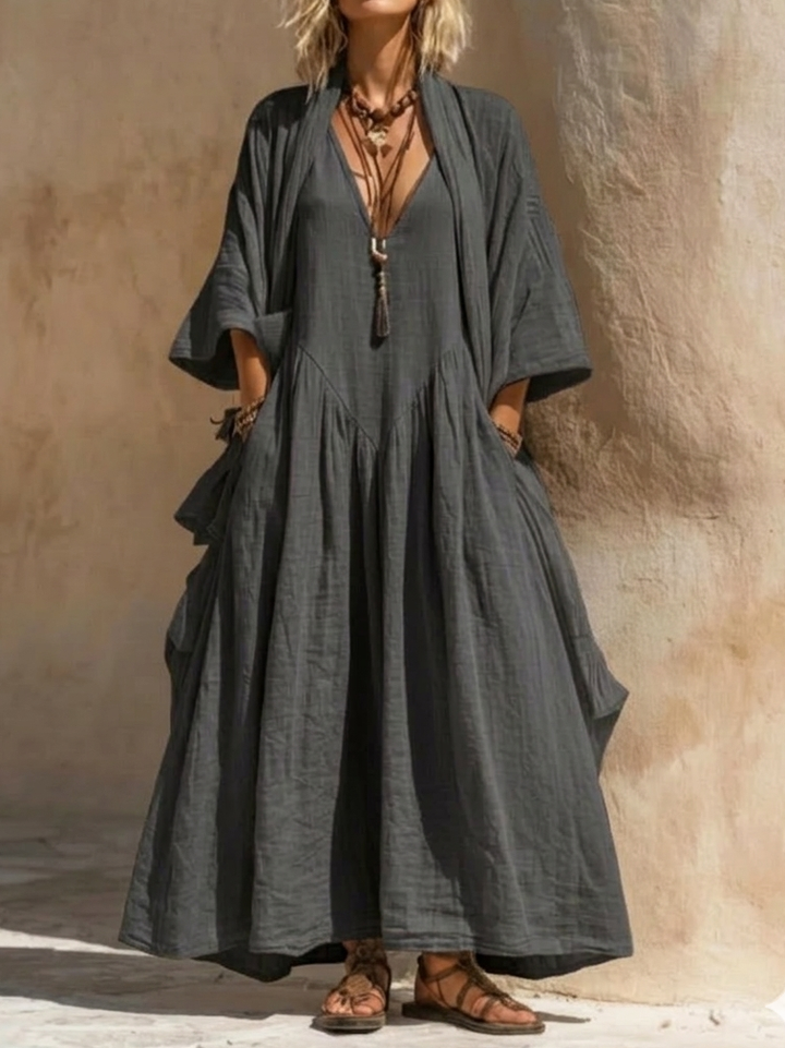 Women's Maxi Dress Linen Boho Kaftan Long Sleeve Gown Loose Fit Casual Gown