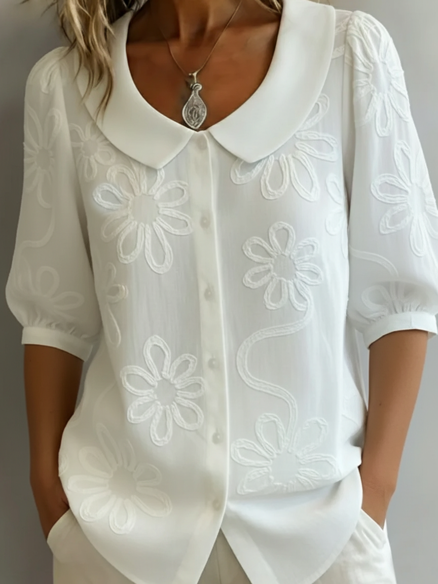 Vintage Peter Pan Collar Embroidered Floral Women Shirt Wool Mix Retro Blouse