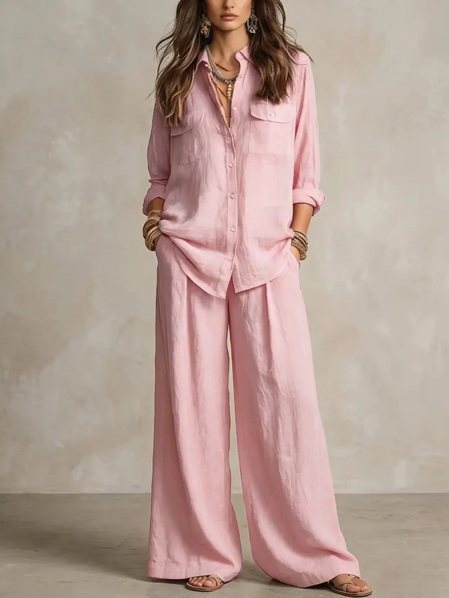 Women's Two-Piece Set Linen Polo Shirt & Wide-Leg Pants