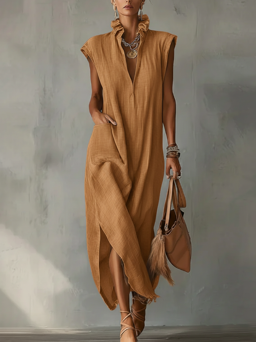 Women's Linen V Neck Ruffle Maxi Dress Sleeveless Kaftan Boho Long Dress