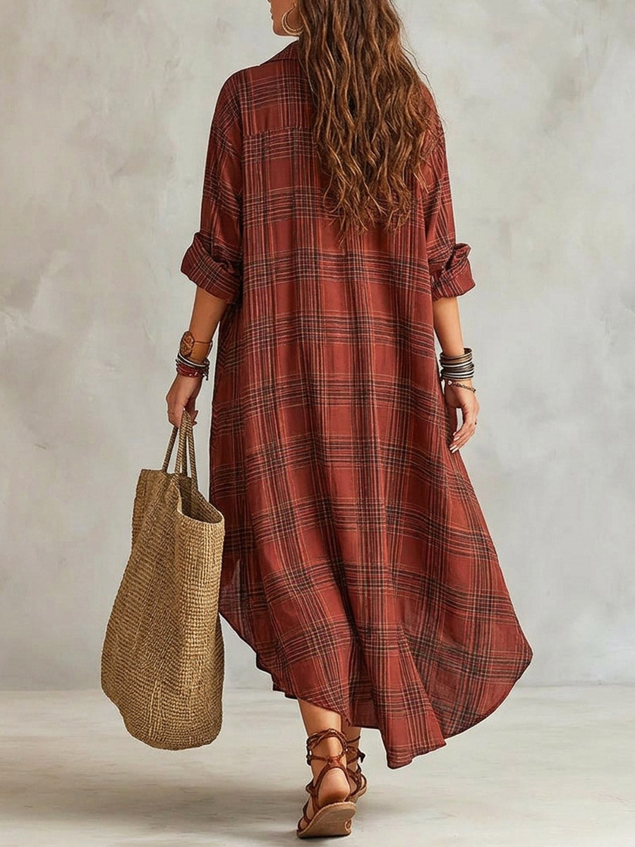 Women's Plaid Linen Shirt Dress Long Sleeve Maxi Kaftan