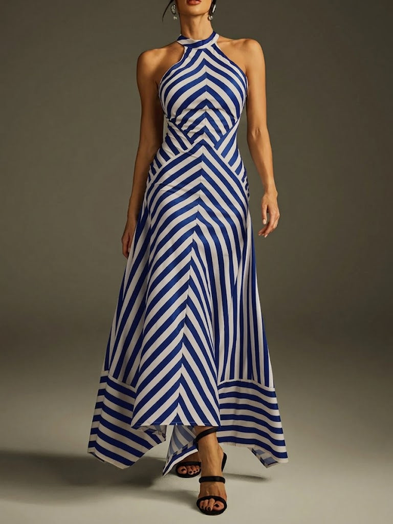 Womens Halter Striped Backless Linen Maxi Dress