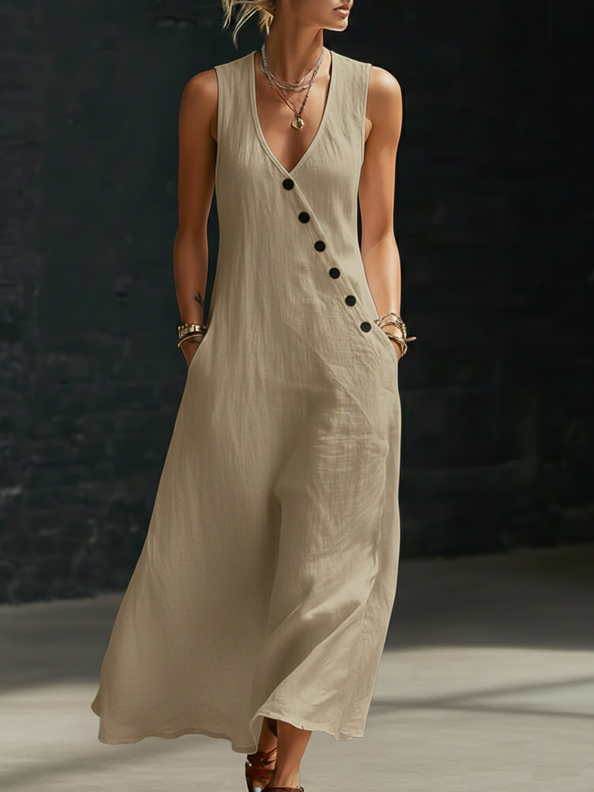 Women's Linen Sleeveless V-Neck Maxi Dress