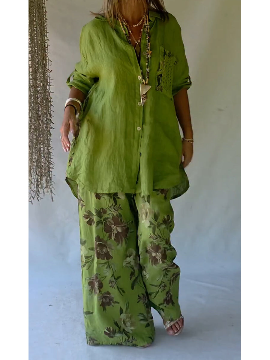 Women's Linen Two Piece Set Loose Long Sleeve Shirt Wide Leg Trousers Outfit