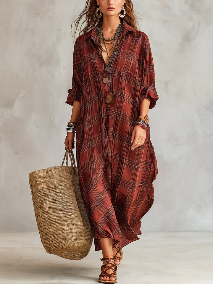 Women's Plaid Linen Shirt Dress Long Sleeve Maxi Kaftan