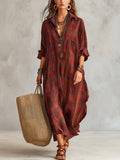 Women's Plaid Linen Shirt Dress Long Sleeve Maxi Kaftan