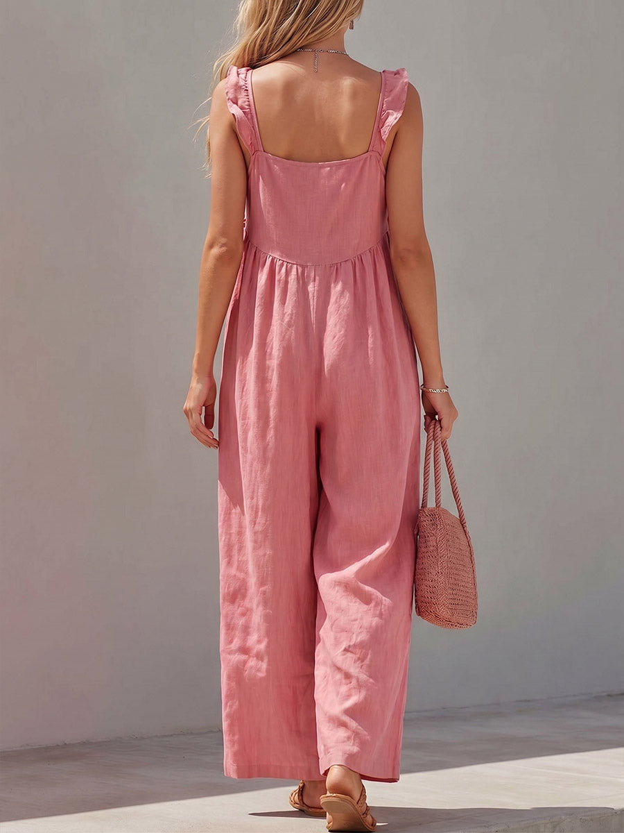 Women's Linen-Blend Square Neck Wide Leg Jumpsuit