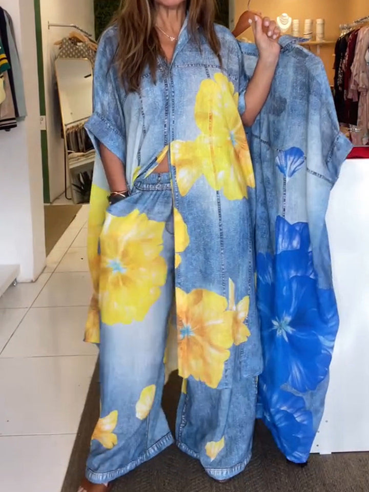 Women's Floral Linen Blend Kaftan 2 Piece Trouser Set