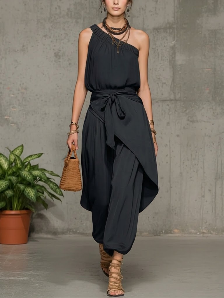 Women's One Shoulder Linen Jumpsuit Harem Wide Leg Romper