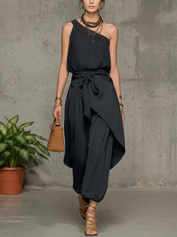 Women's One Shoulder Linen Jumpsuit Harem Wide Leg Romper