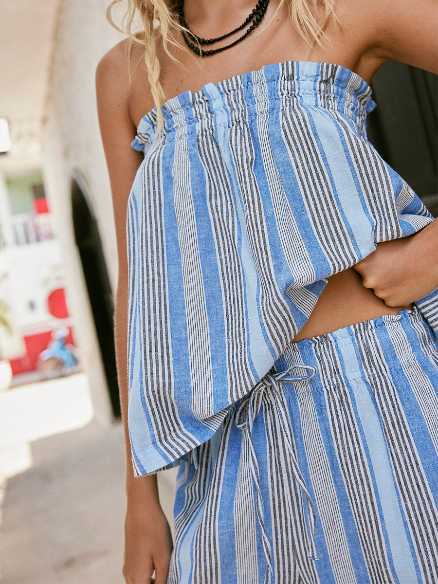 Women's Linen Striped Strapless Top & Wide-Leg Pants Two-Piece Set
