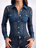 Women's Denim Lace Long Sleeve Button Down Shirt