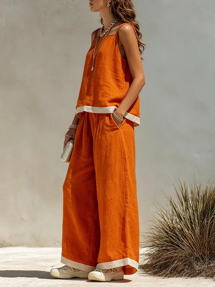 Women's Linen Two-Piece Vacation Set Square-Neck Top & Wide Leg Pants