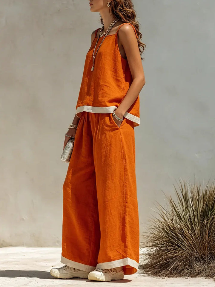Women's Linen Two-Piece Vacation Set Square-Neck Top & Wide Leg Pants